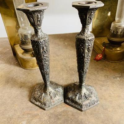 LOT 536: Antique "The Tiny Juno" Oil Lamp, Two (2) Vintage DHR Brass Oil Wall Lamps Made in Holland, and Two (2) Antique Candle...