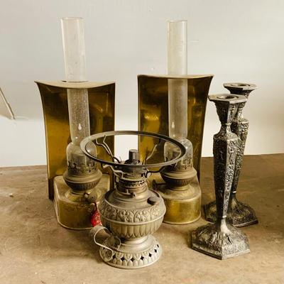 LOT 536: Antique "The Tiny Juno" Oil Lamp, Two (2) Vintage DHR Brass Oil Wall Lamps Made in Holland, and Two (2) Antique Candle...