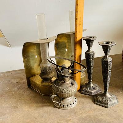 LOT 536: Antique "The Tiny Juno" Oil Lamp, Two (2) Vintage DHR Brass Oil Wall Lamps Made in Holland, and Two (2) Antique Candle...