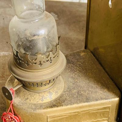 LOT 536: Antique "The Tiny Juno" Oil Lamp, Two (2) Vintage DHR Brass Oil Wall Lamps Made in Holland, and Two (2) Antique Candle...