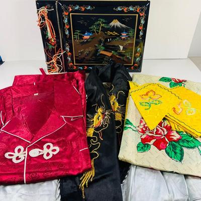 LOT 511: Beautiful Vintage Japanese Silk Robe, Pajamas, Table Linens and a Lacquer Photo Album and Child/Very Small Leather Slippers