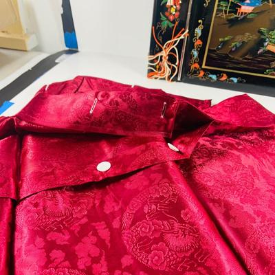 LOT 511: Beautiful Vintage Japanese Silk Robe, Pajamas, Table Linens and a Lacquer Photo Album and Child/Very Small Leather Slippers