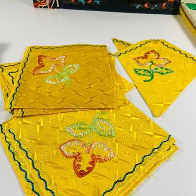 LOT 511: Beautiful Vintage Japanese Silk Robe, Pajamas, Table Linens and a Lacquer Photo Album and Child/Very Small Leather Slippers