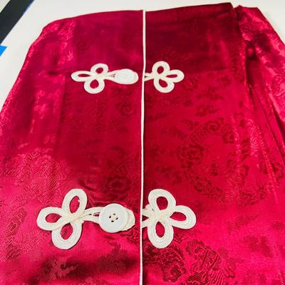 LOT 511: Beautiful Vintage Japanese Silk Robe, Pajamas, Table Linens and a Lacquer Photo Album and Child/Very Small Leather Slippers