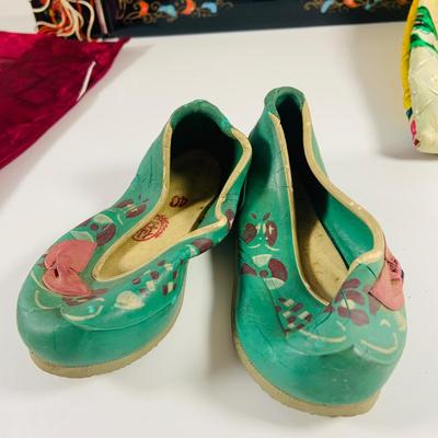 LOT 511: Beautiful Vintage Japanese Silk Robe, Pajamas, Table Linens and a Lacquer Photo Album and Child/Very Small Leather Slippers