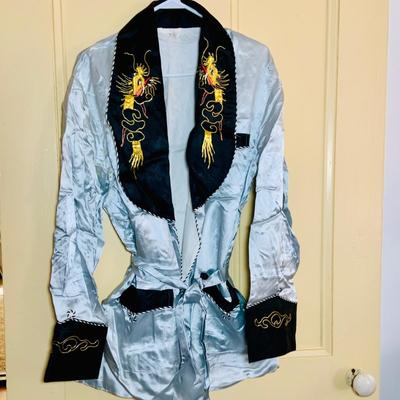 LOT 511: Beautiful Vintage Japanese Silk Robe, Pajamas, Table Linens and a Lacquer Photo Album and Child/Very Small Leather Slippers