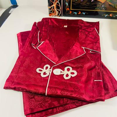 LOT 511: Beautiful Vintage Japanese Silk Robe, Pajamas, Table Linens and a Lacquer Photo Album and Child/Very Small Leather Slippers