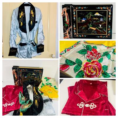 LOT 511: Beautiful Vintage Japanese Silk Robe, Pajamas, Table Linens and a Lacquer Photo Album and Child/Very Small Leather Slippers