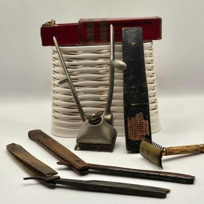 LOT 540: Shave & A Haircut, 2 Bits/ Antique Straight Razors & Clippers