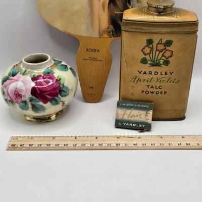 LOT 542: Antique Perfume Bottles, Talc Bottles, Ladies Handkerchiefs, Makeup , Greeting Cards, Face Cream, Face Fan, & Small Bud Vase