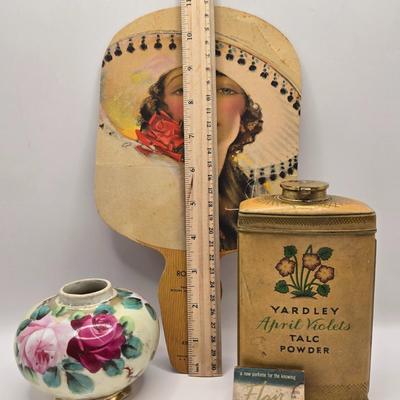 LOT 542: Antique Perfume Bottles, Talc Bottles, Ladies Handkerchiefs, Makeup , Greeting Cards, Face Cream, Face Fan, & Small Bud Vase