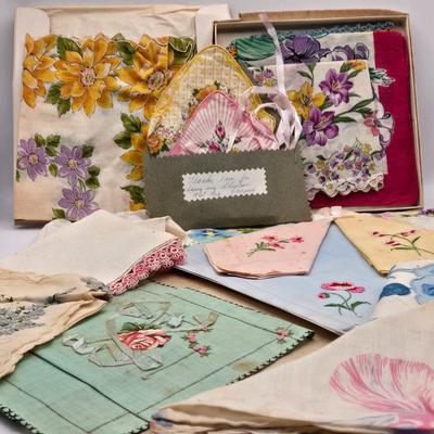 LOT 542: Antique Perfume Bottles, Talc Bottles, Ladies Handkerchiefs, Makeup , Greeting Cards, Face Cream, Face Fan, & Small Bud Vase