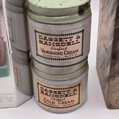 LOT 542: Antique Perfume Bottles, Talc Bottles, Ladies Handkerchiefs, Makeup , Greeting Cards, Face Cream, Face Fan, & Small Bud Vase