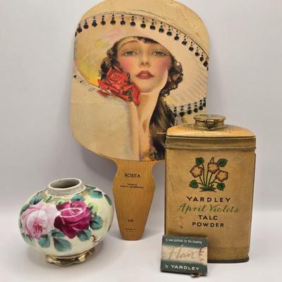 LOT 542: Antique Perfume Bottles, Talc Bottles, Ladies Handkerchiefs, Makeup , Greeting Cards, Face Cream, Face Fan, & Small Bud Vase