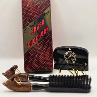 LOT 544: Antique Men's Brushes, Combs. Shoe Horn, Travel Toothbrush, Early American Old Spice Box, & Shaving Cream Brush