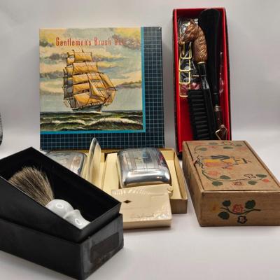 LOT 544: Antique Men's Brushes, Combs. Shoe Horn, Travel Toothbrush, Early American Old Spice Box, & Shaving Cream Brush
