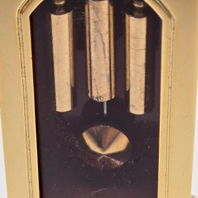 LOT 546: Vintage German Wooden Miniature Grandfather Clock, Miniature Gold Tone Grandfather Clock, & Miniature Gold Tone Mantle Clock
