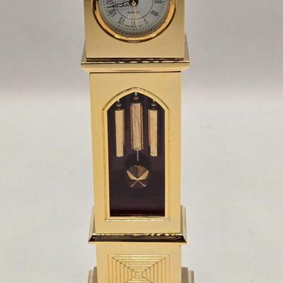 LOT 546: Vintage German Wooden Miniature Grandfather Clock, Miniature Gold Tone Grandfather Clock, & Miniature Gold Tone Mantle Clock