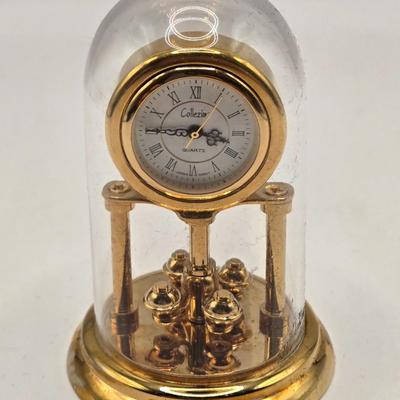 LOT 546: Vintage German Wooden Miniature Grandfather Clock, Miniature Gold Tone Grandfather Clock, & Miniature Gold Tone Mantle Clock