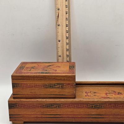 LOT 547: Vintage Mechanical Japanese Wooden Cigarette Box, Bent Wood Box, Appears to Be Hand Made, Hand Decorated Easter Egg, & Small...