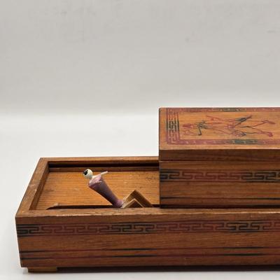 LOT 547: Vintage Mechanical Japanese Wooden Cigarette Box, Bent Wood Box, Appears to Be Hand Made, Hand Decorated Easter Egg, & Small...