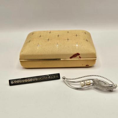 LOT 548: Art Deco Silver Toned & Black Enamel Bar Brooch, Silver Toned & Pearl Like Brooch, & Small Lapel Pin Box
