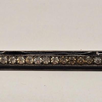 LOT 548: Art Deco Silver Toned & Black Enamel Bar Brooch, Silver Toned & Pearl Like Brooch, & Small Lapel Pin Box