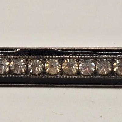 LOT 548: Art Deco Silver Toned & Black Enamel Bar Brooch, Silver Toned & Pearl Like Brooch, & Small Lapel Pin Box