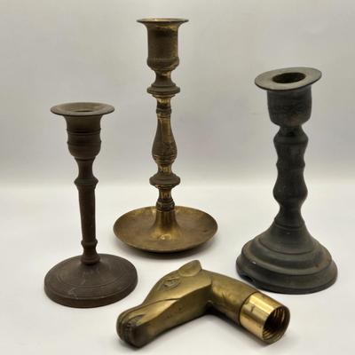 LOT 550: Metal Candle Stick Holders & Cane Topper