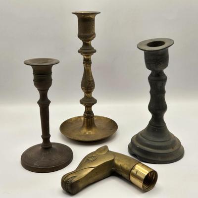 LOT 550: Metal Candle Stick Holders & Cane Topper