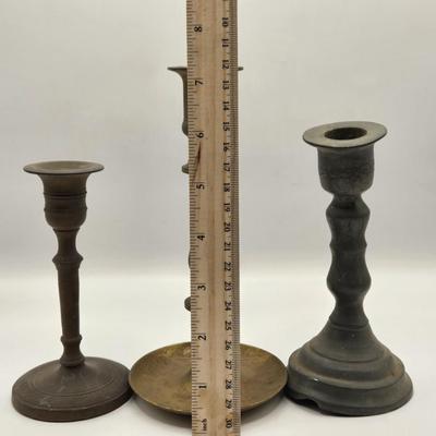 LOT 550: Metal Candle Stick Holders & Cane Topper