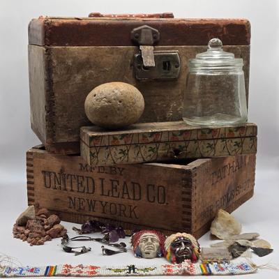 LOT 551: United Lead Co. Wooden Box, Small Train Case, Glass Jar, Victorian Pencil Box, Beaded American Indian Band, With Box of Extra...