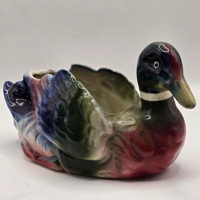 LOT 552: Carved Wooden Duck, Duck Planter, & Upland Game Restoration Book