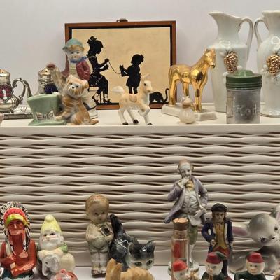 LOT 553: Miniatures of All Sorts, Including Musical Instrument Playing Monkeys, Salt & Pepper Shakers, Vase, Pitcher, & Kodak...