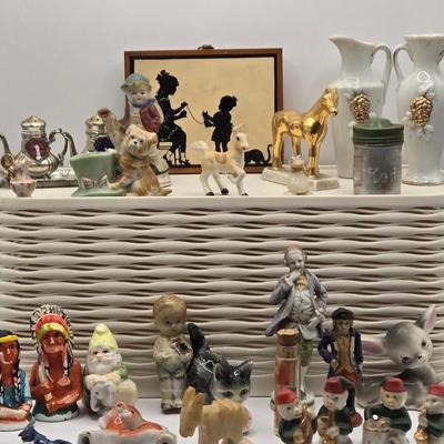 LOT 553: Miniatures of All Sorts, Including Musical Instrument Playing Monkeys, Salt & Pepper Shakers, Vase, Pitcher, & Kodak...