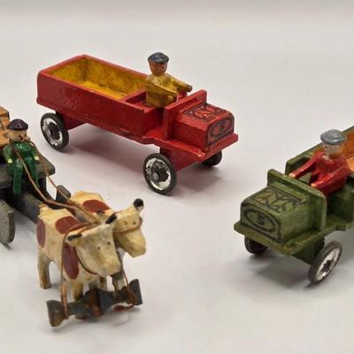 LOT 554: Miniature Wooden Train, Trucks, & Wooden Stamper Set