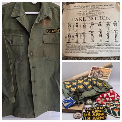 LOT 556: Army Jacket, Multiple Patches, Notice of Recruitment, Metal Pins, Cannon, & Charm, Postcard, & First Aid smelling Salts