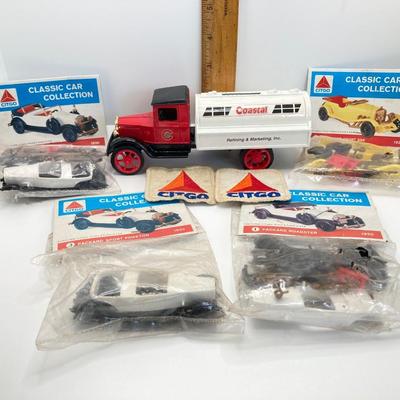 LOT 557: Coastal Ertl Die Cast Coin Bank, Citgo Patches and Vintage Classic Car Collection Models