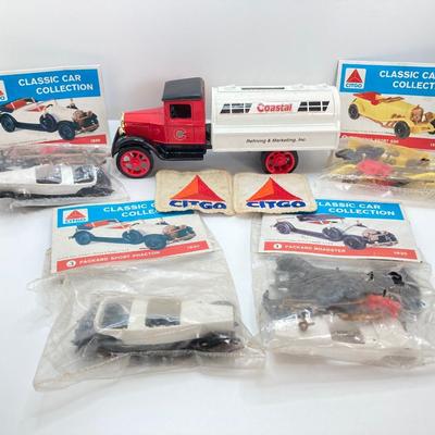 LOT 557: Coastal Ertl Die Cast Coin Bank, Citgo Patches and Vintage Classic Car Collection Models