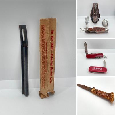 LOT 563: Vintage Knives - Skife with Original Box, Camping Utensil Combo with Sheath, Utility, Faux Antler and More