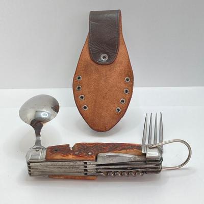 LOT 563: Vintage Knives - Skife with Original Box, Camping Utensil Combo with Sheath, Utility, Faux Antler and More