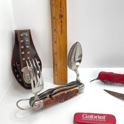 LOT 563: Vintage Knives - Skife with Original Box, Camping Utensil Combo with Sheath, Utility, Faux Antler and More
