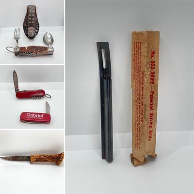 LOT 563: Vintage Knives - Skife with Original Box, Camping Utensil Combo with Sheath, Utility, Faux Antler and More