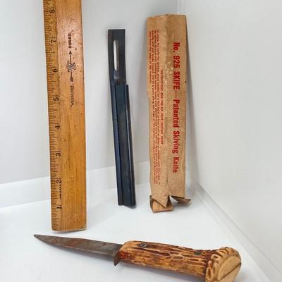 LOT 563: Vintage Knives - Skife with Original Box, Camping Utensil Combo with Sheath, Utility, Faux Antler and More