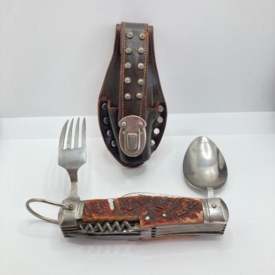 LOT 563: Vintage Knives - Skife with Original Box, Camping Utensil Combo with Sheath, Utility, Faux Antler and More
