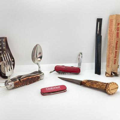 LOT 563: Vintage Knives - Skife with Original Box, Camping Utensil Combo with Sheath, Utility, Faux Antler and More