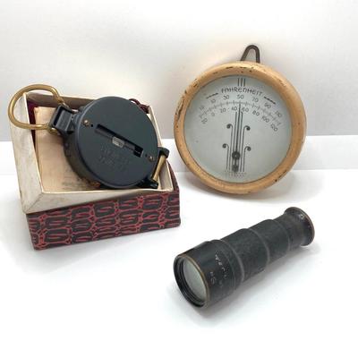 LOT 568: Vintage Collection - Engineer's Compass in Original Box, Pocketscope and Portable Made in USA Metal Fahrenheit Thermometer
