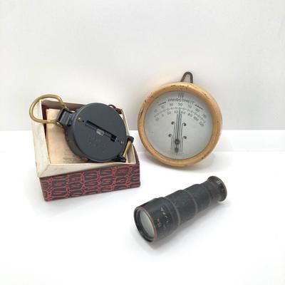 LOT 568: Vintage Collection - Engineer's Compass in Original Box, Pocketscope and Portable Made in USA Metal Fahrenheit Thermometer