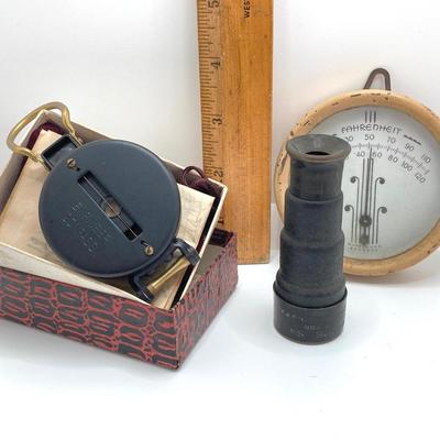 LOT 568: Vintage Collection - Engineer's Compass in Original Box, Pocketscope and Portable Made in USA Metal Fahrenheit Thermometer