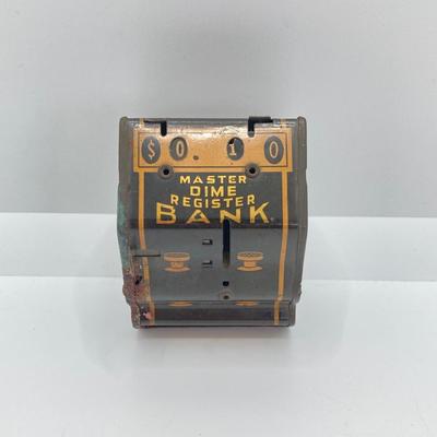 LOT 571: Master Dime Register Bank (Silver Roosevelt Dime Inside), Vintage Pennies, 1917 5 Cent Canadian Silver Coin, Oversized Metal...